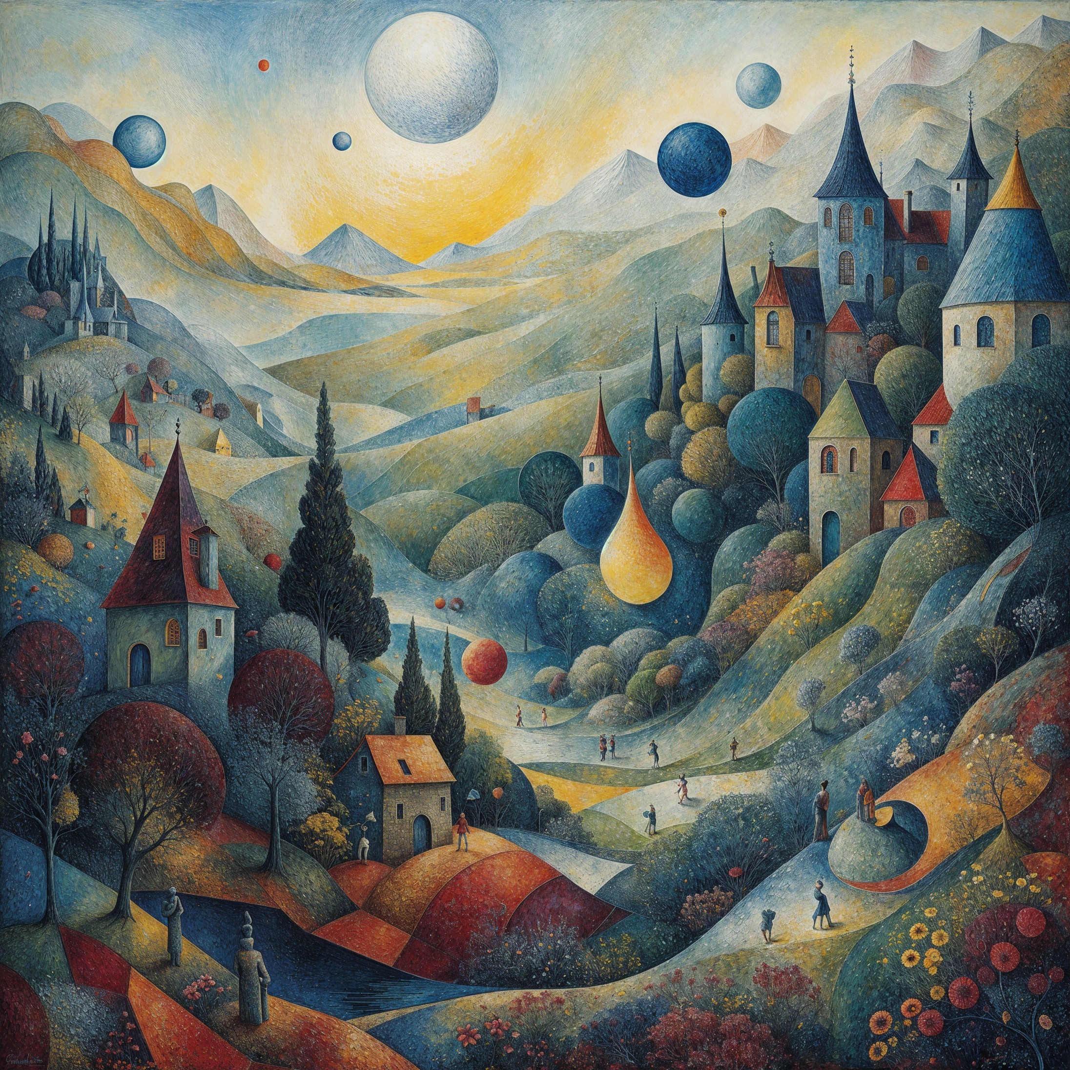 Whimsical Landscape with Hills, Trees, and Sunset
