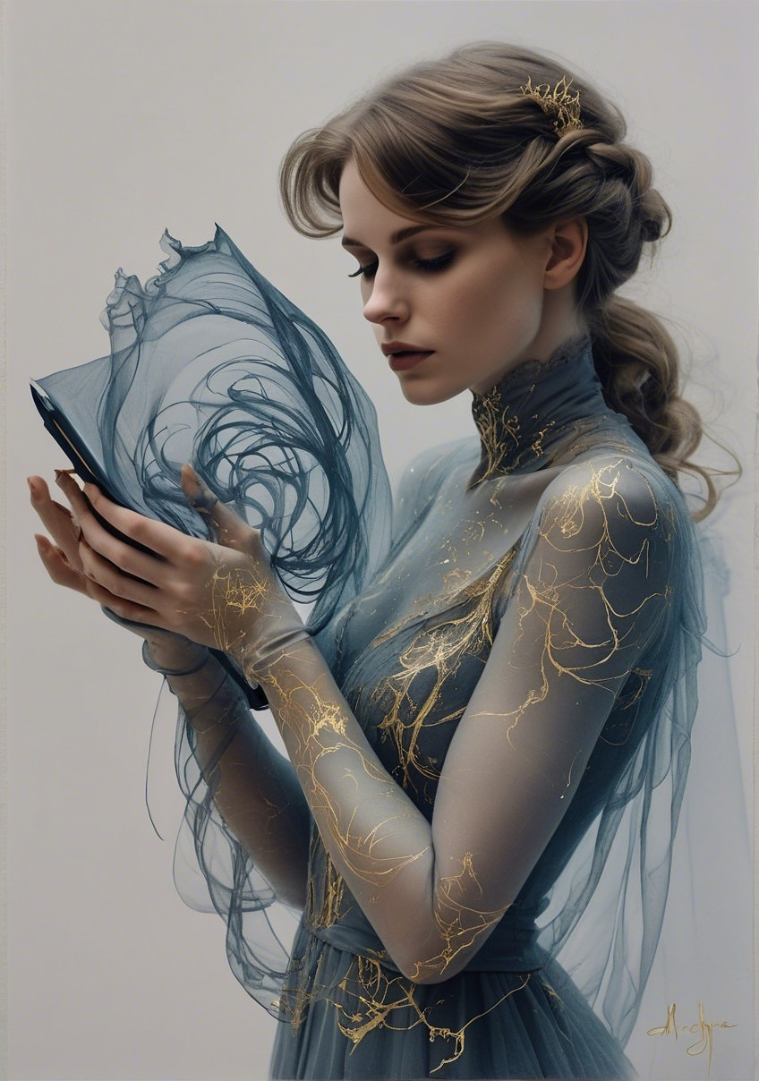 Young woman in blue gown holding a book gracefully