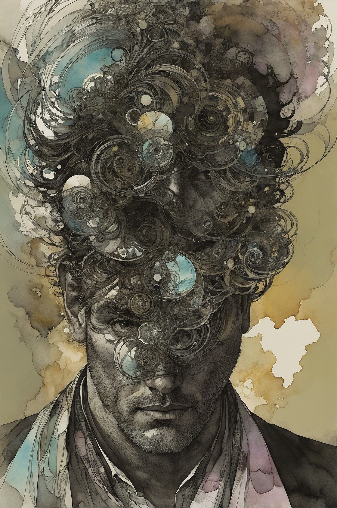 Male Figure Surrounded by Abstract Swirling Patterns