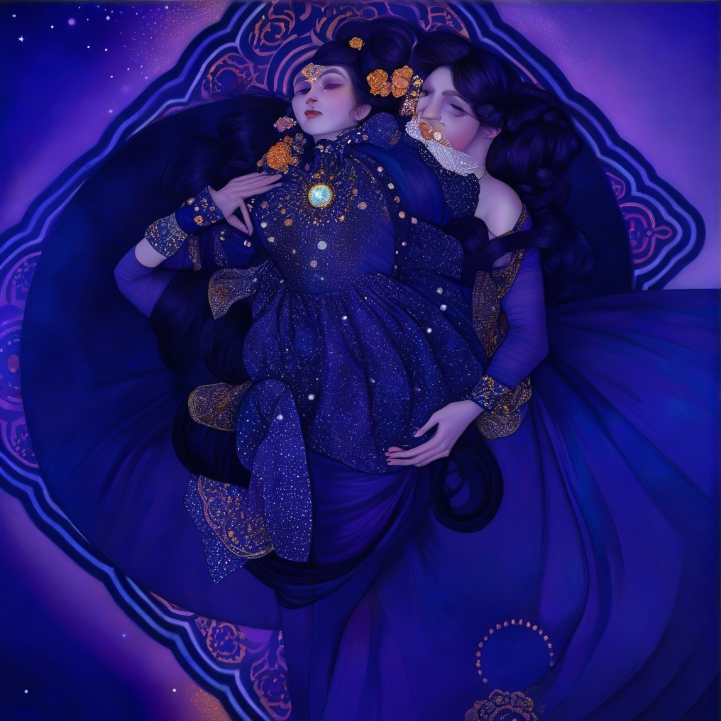 Ethereal Figures in Deep Blue and Violet Garments