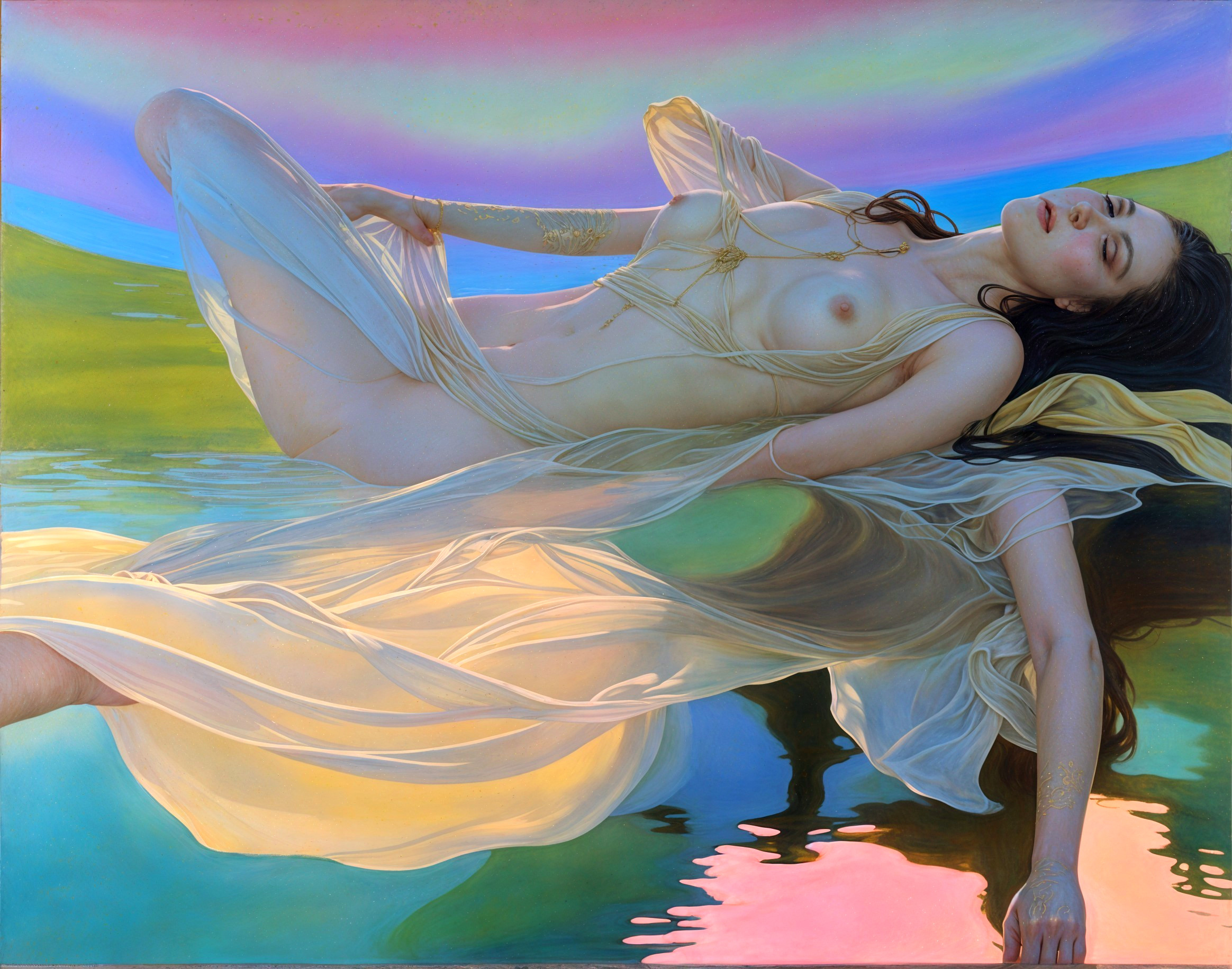 Ethereal figure by water in serene, pastel setting