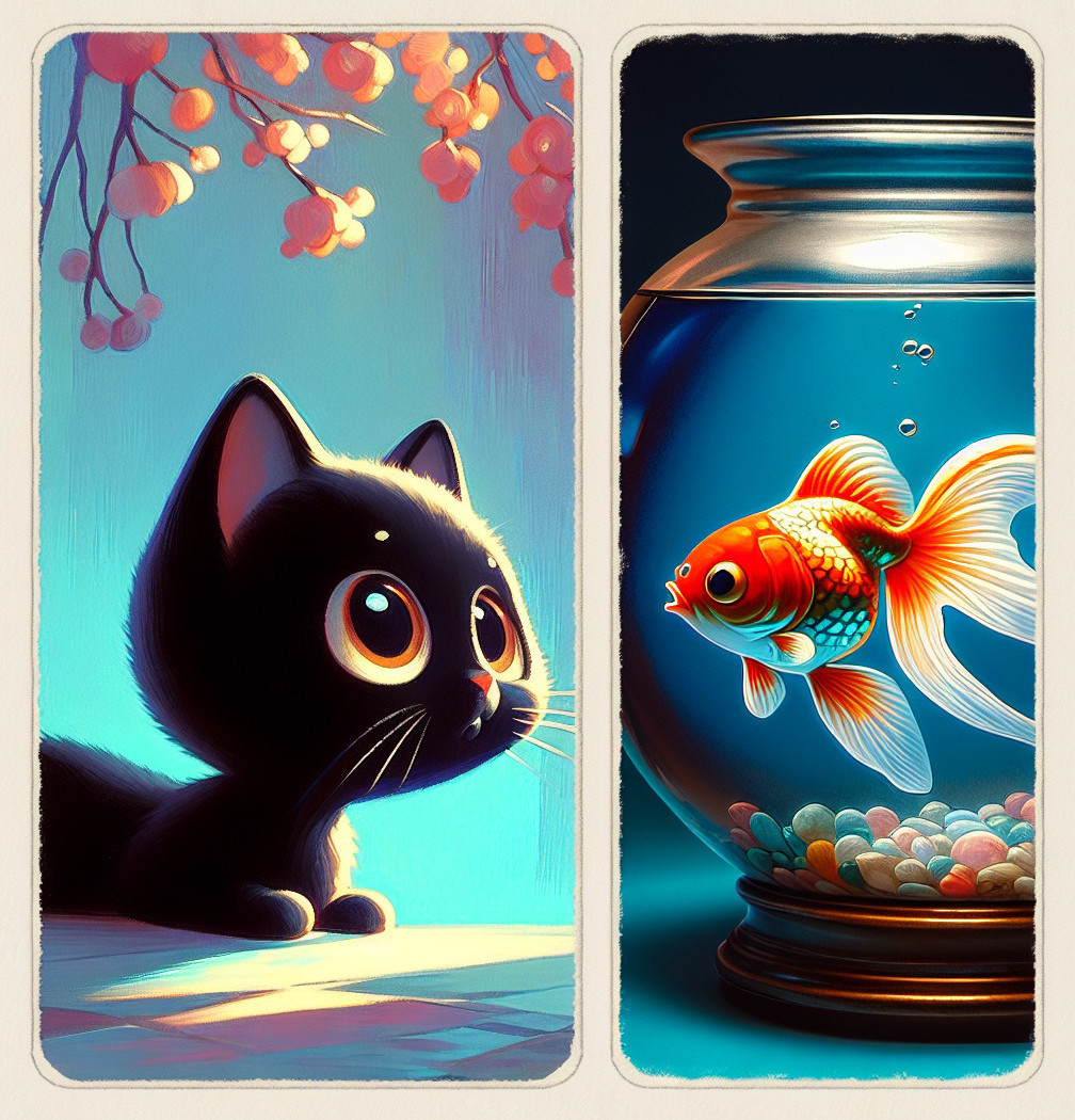 Whimsical Scene of Kitten and Goldfish in Pastels