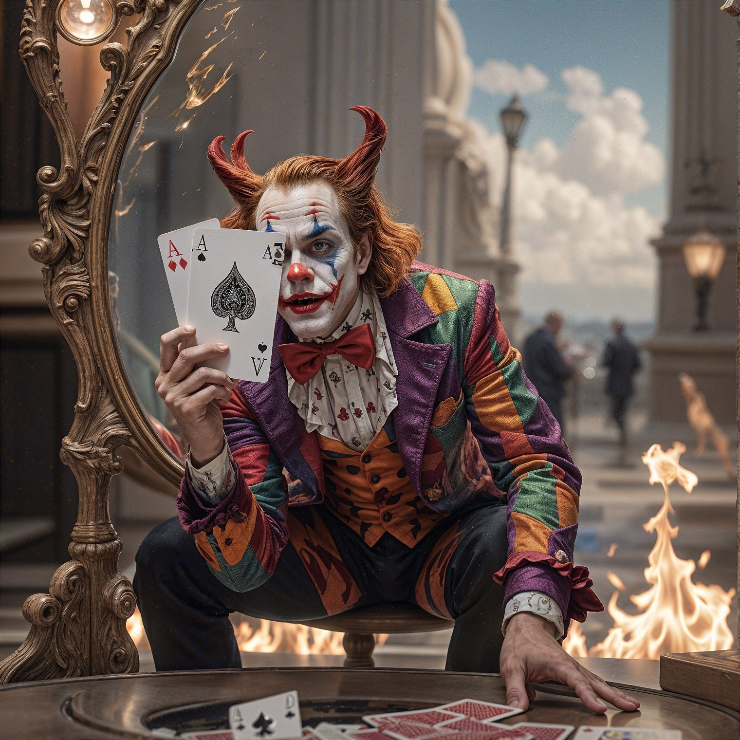 Colorful Clown with Playing Cards in Surreal Setting