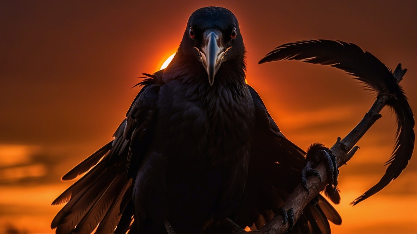 Black Raven Silhouette Against Sunset Colors