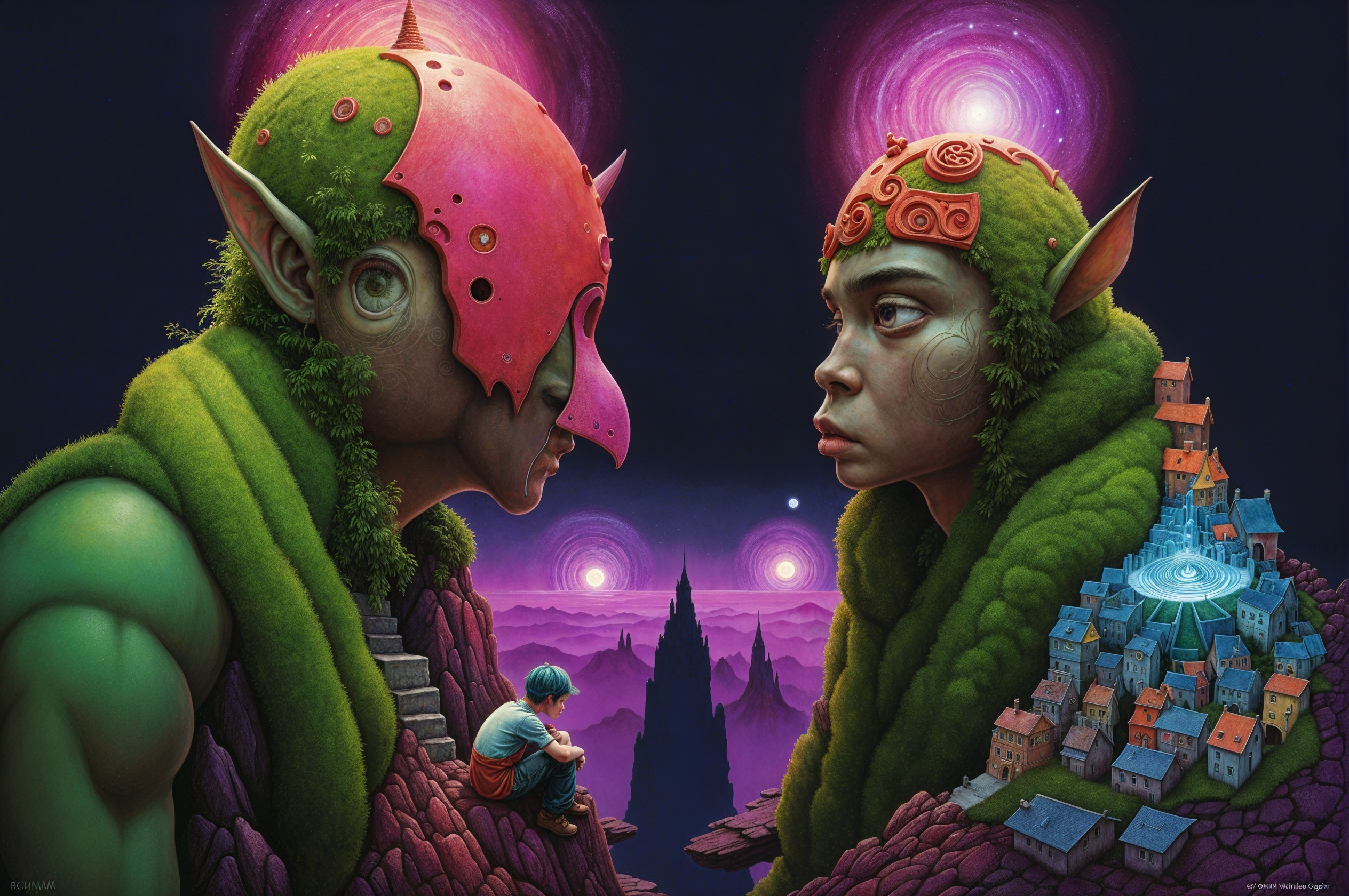 Surreal Landscape with Humanoid Figures and Settlement