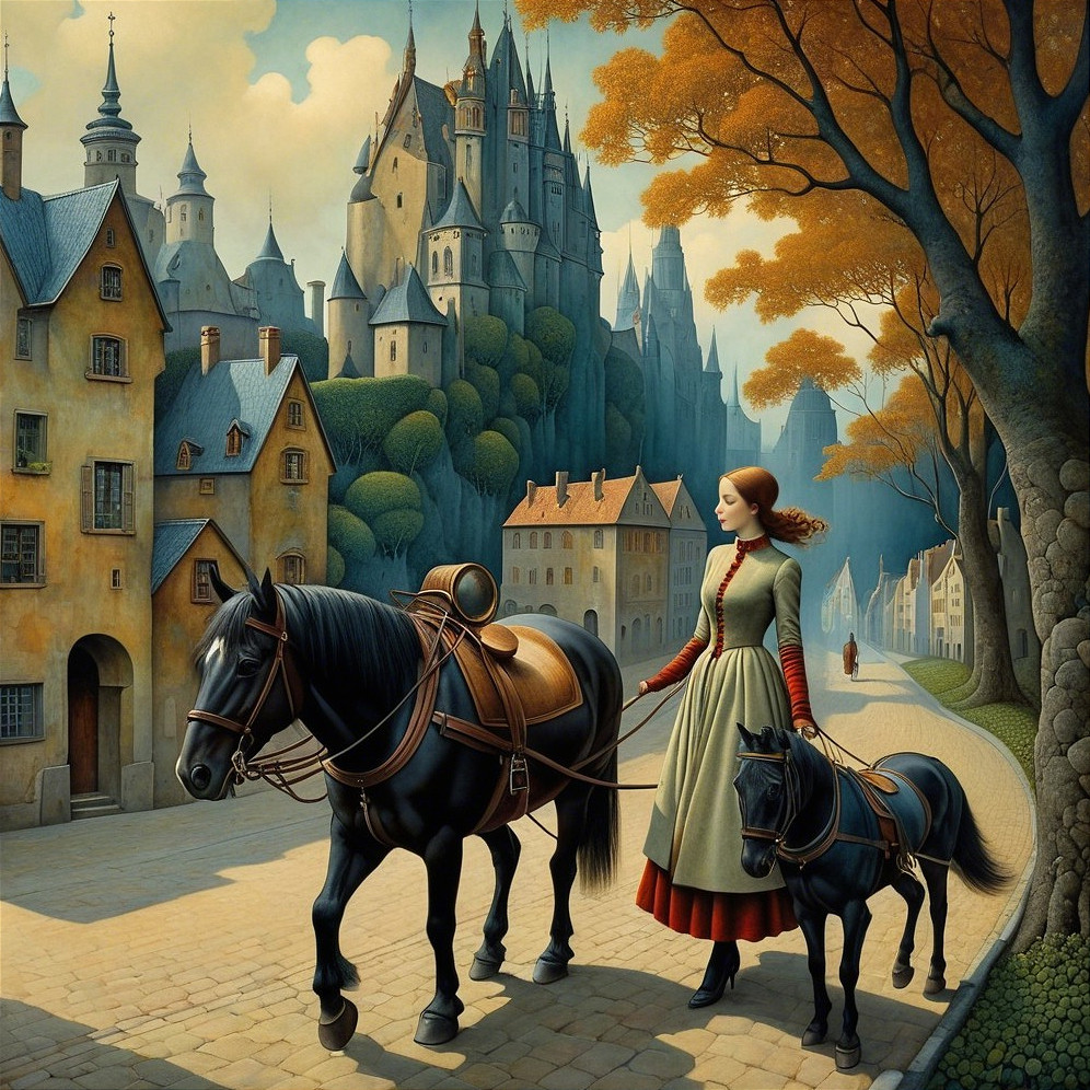 Fairy-Tale Landscape with Woman and Horses on Path