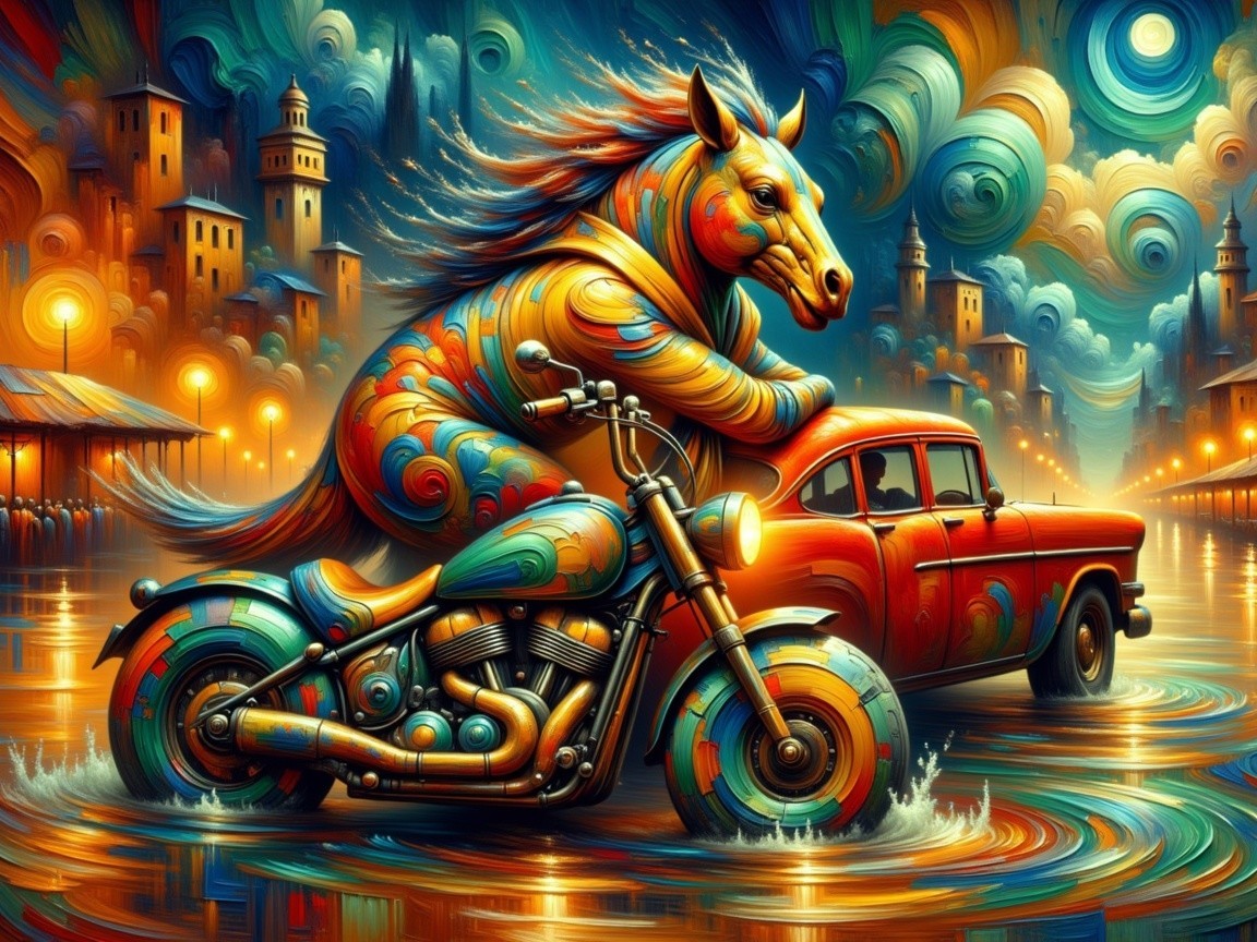 Surreal Scene of Colorful Horse on Motorcycle