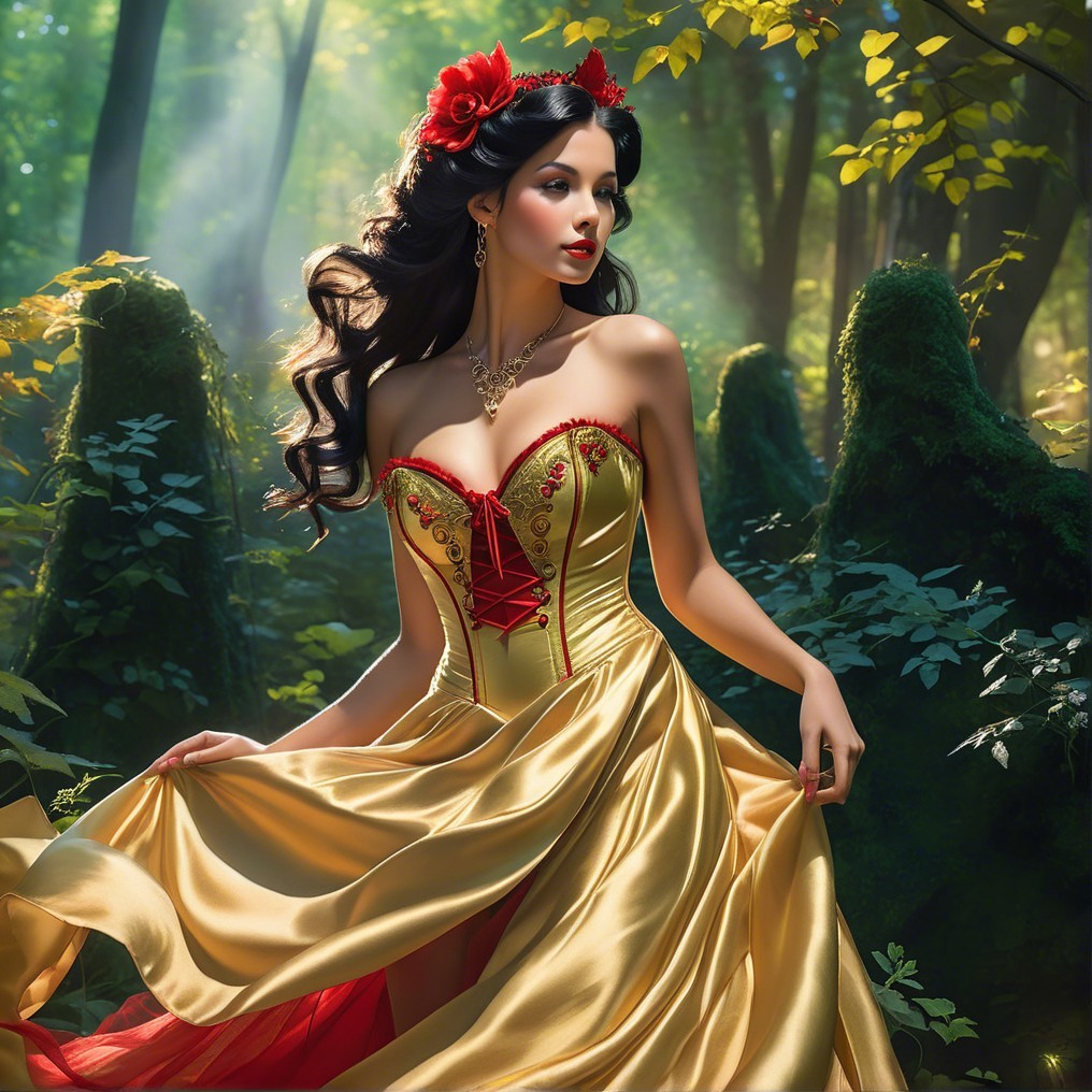 Woman in Gold Gown in Vibrant Forest Setting