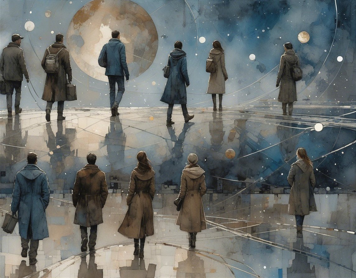Silhouetted Figures Under a Luminous Moon and Stars