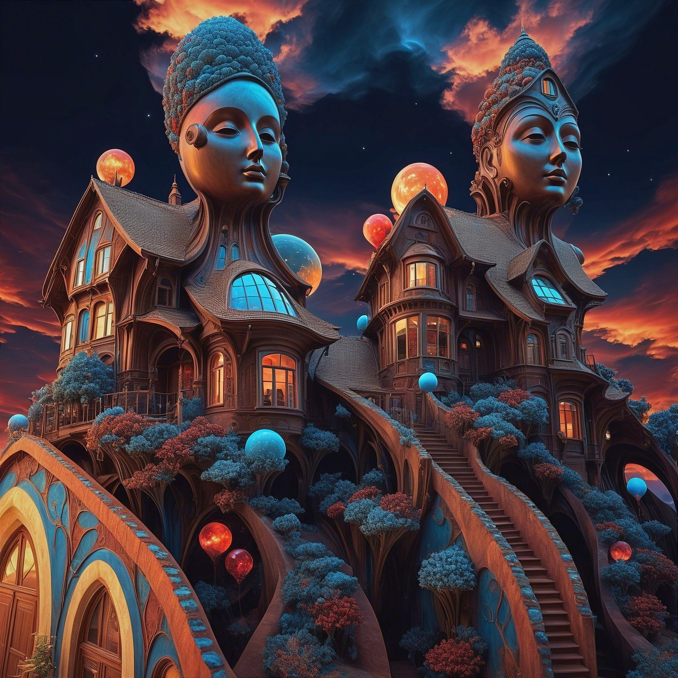 Surreal Landscape with Giant Faces and Whimsical Houses