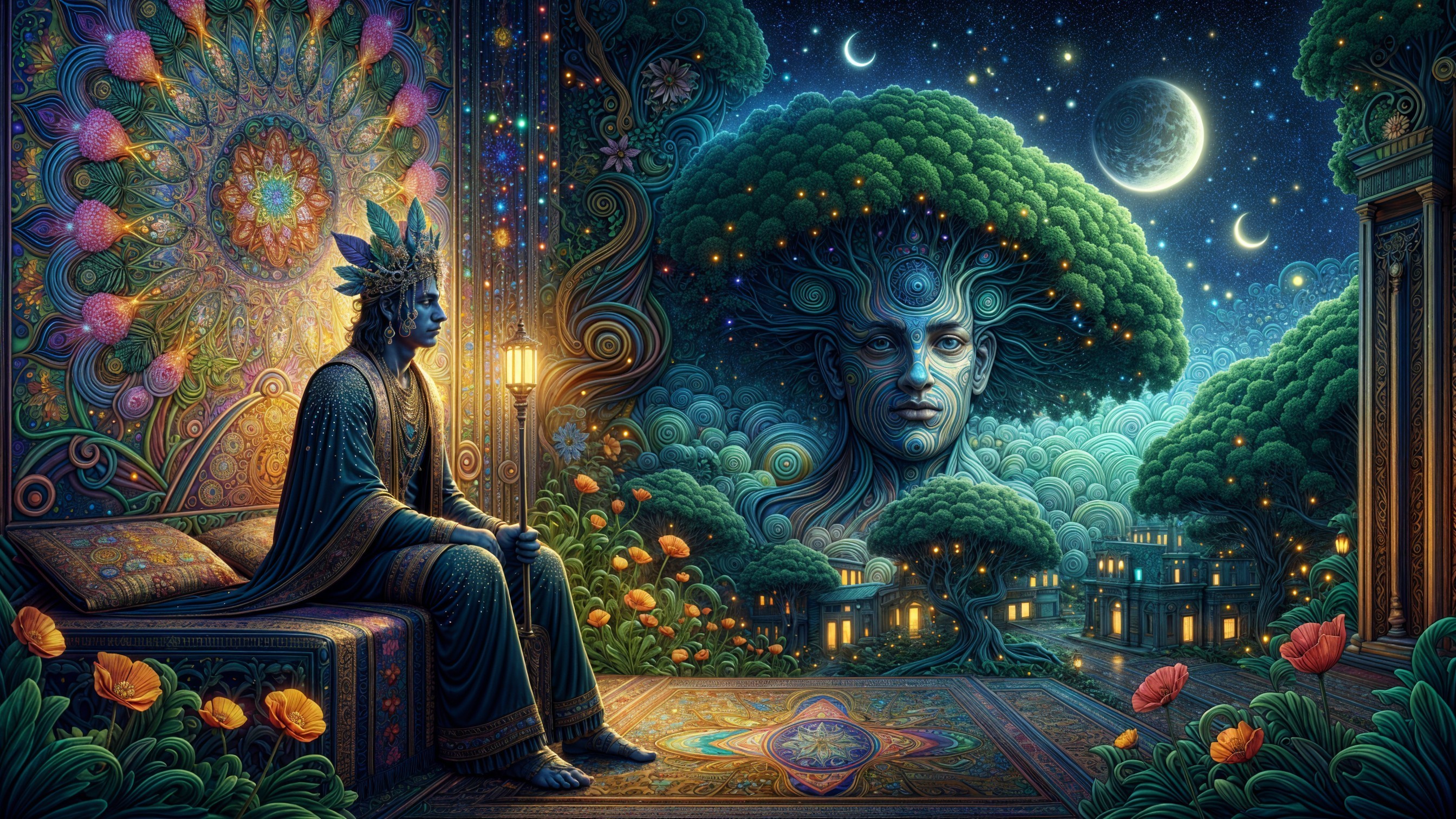 Serene Figure in Colorful Bed Amidst Mystical Landscape