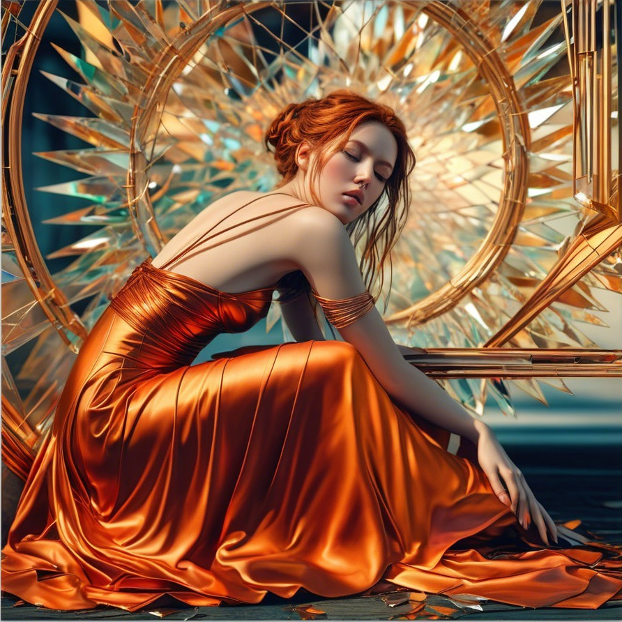 Elegant woman in orange gown with geometric backdrop