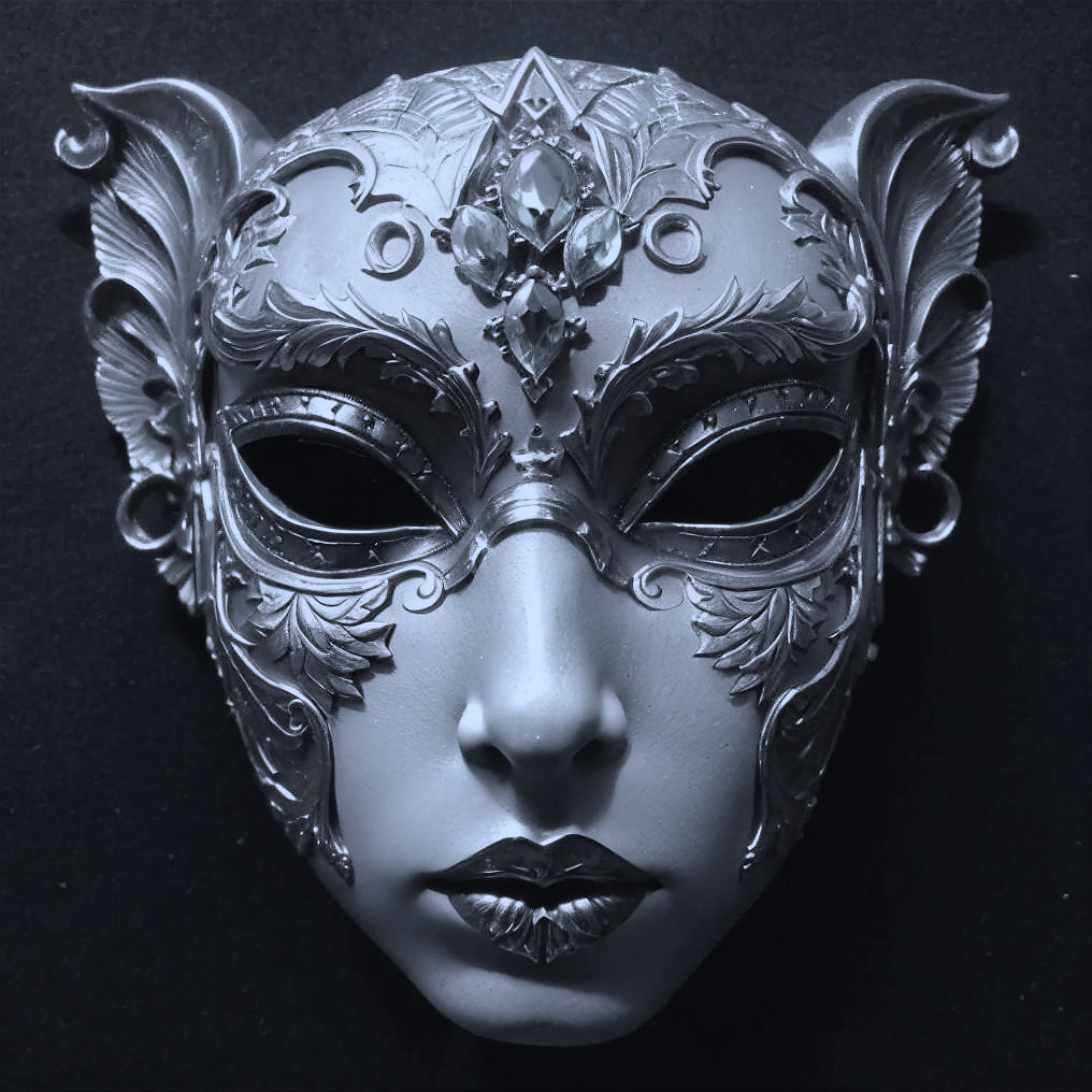 Ornate silver and grey masquerade mask with details