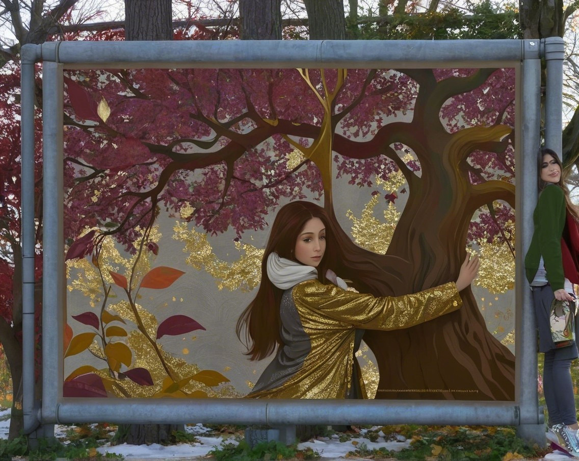 Mural of a woman in a golden jacket with a tree