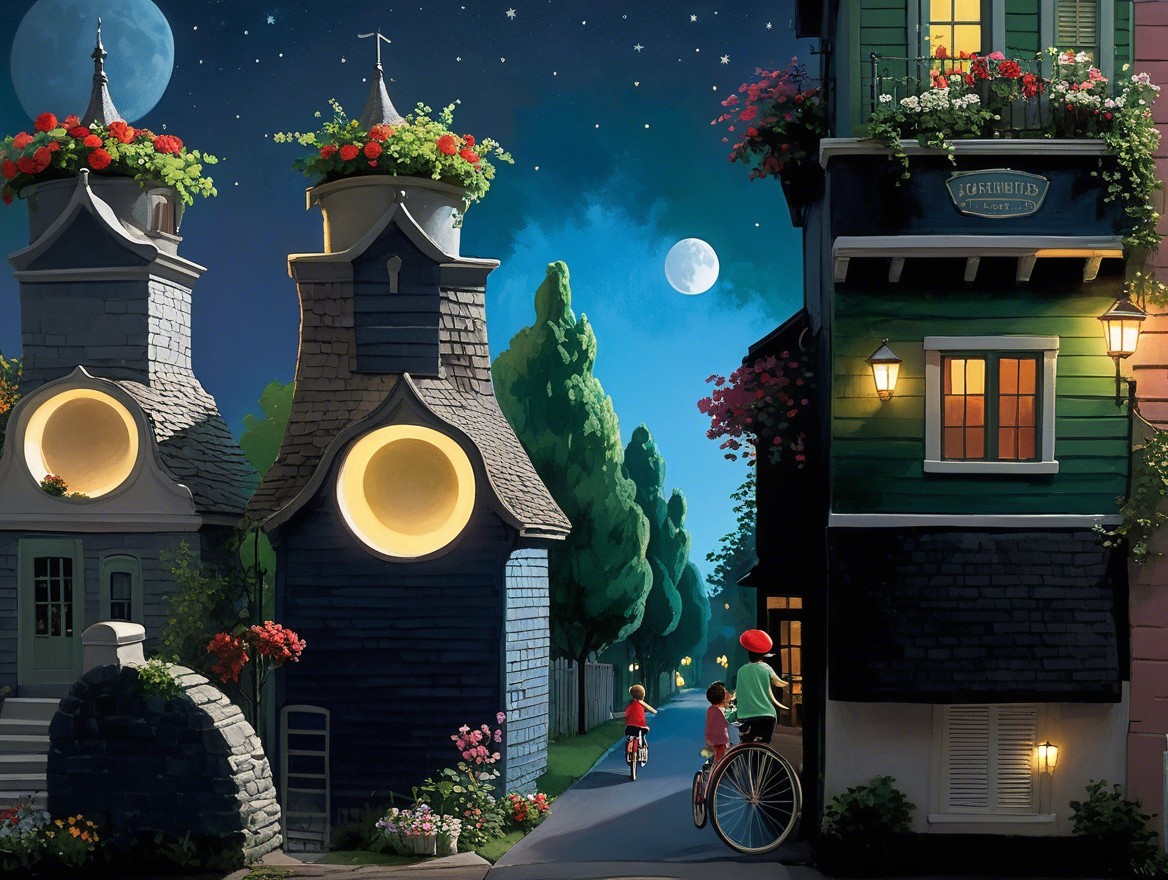 Whimsical Night Scene of Children Biking in Moonlight