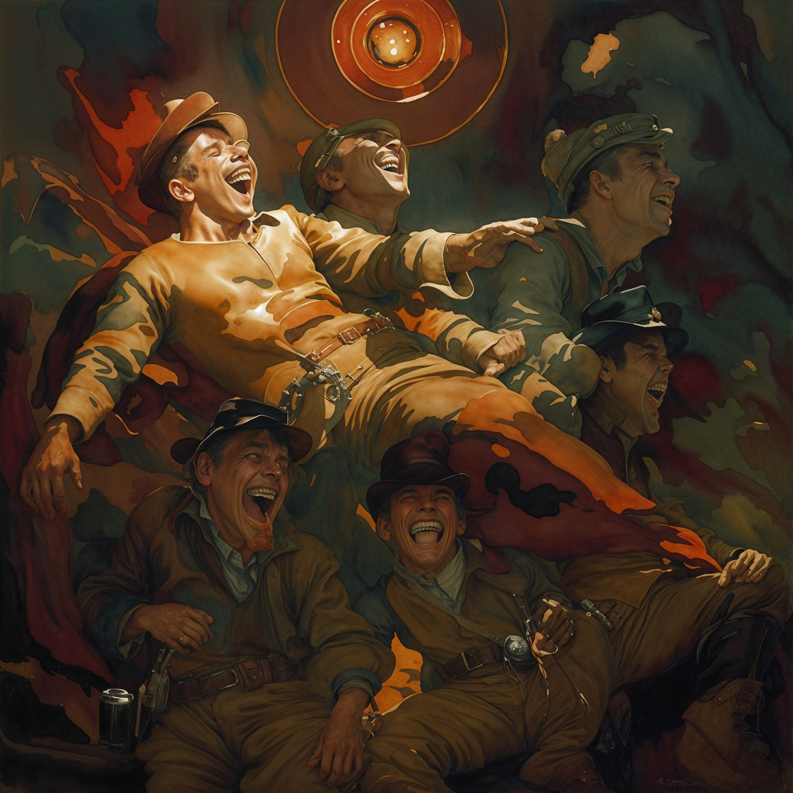 Vibrant depiction of smiling soldiers in camaraderie