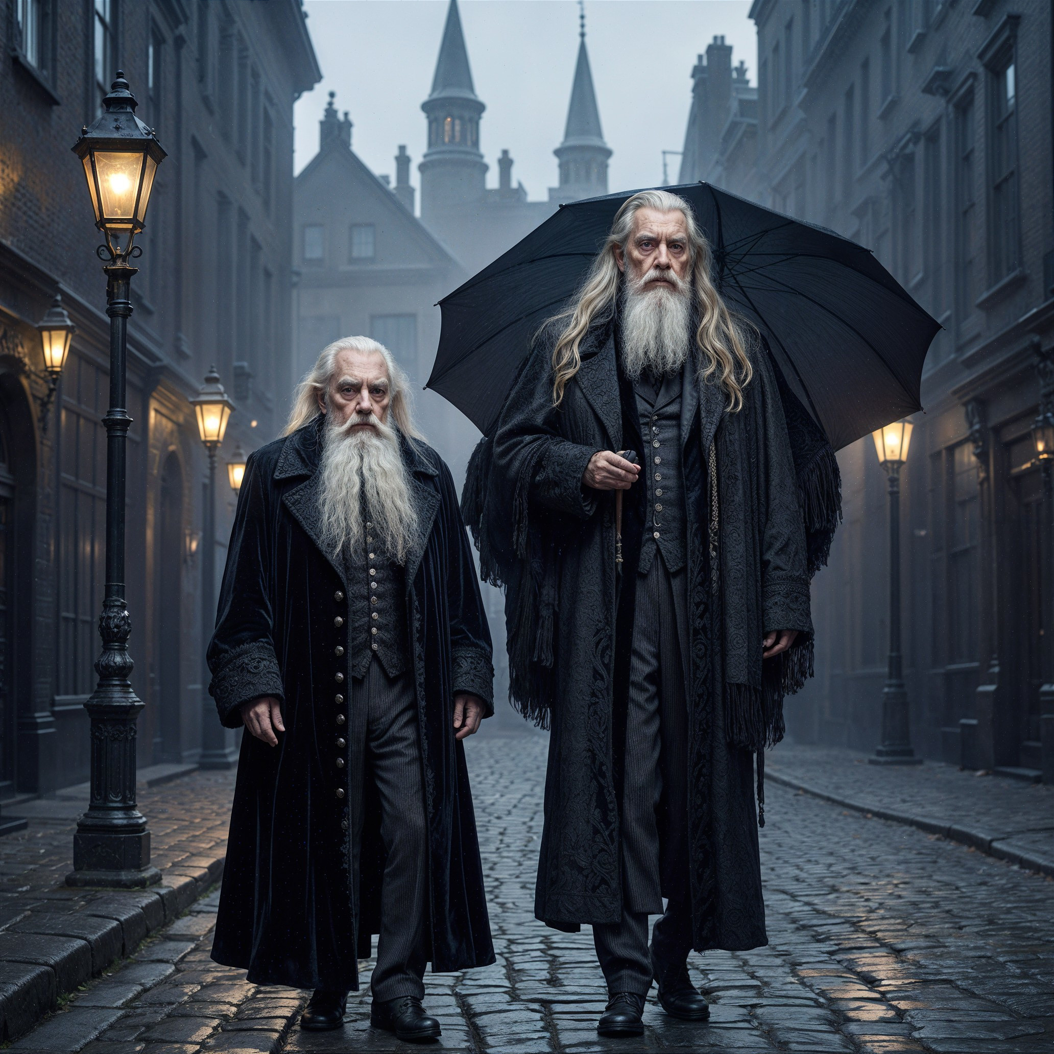 Elegant Figures in Foggy, Dimly-Lit Street Scene