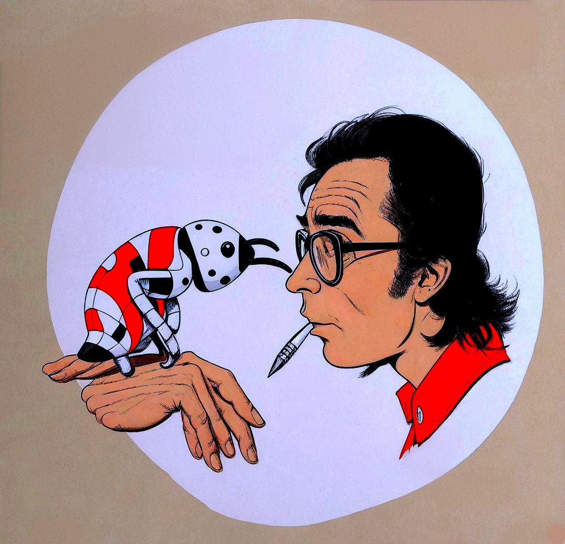 Man with Glasses Interacting with a Stylized Beetle
