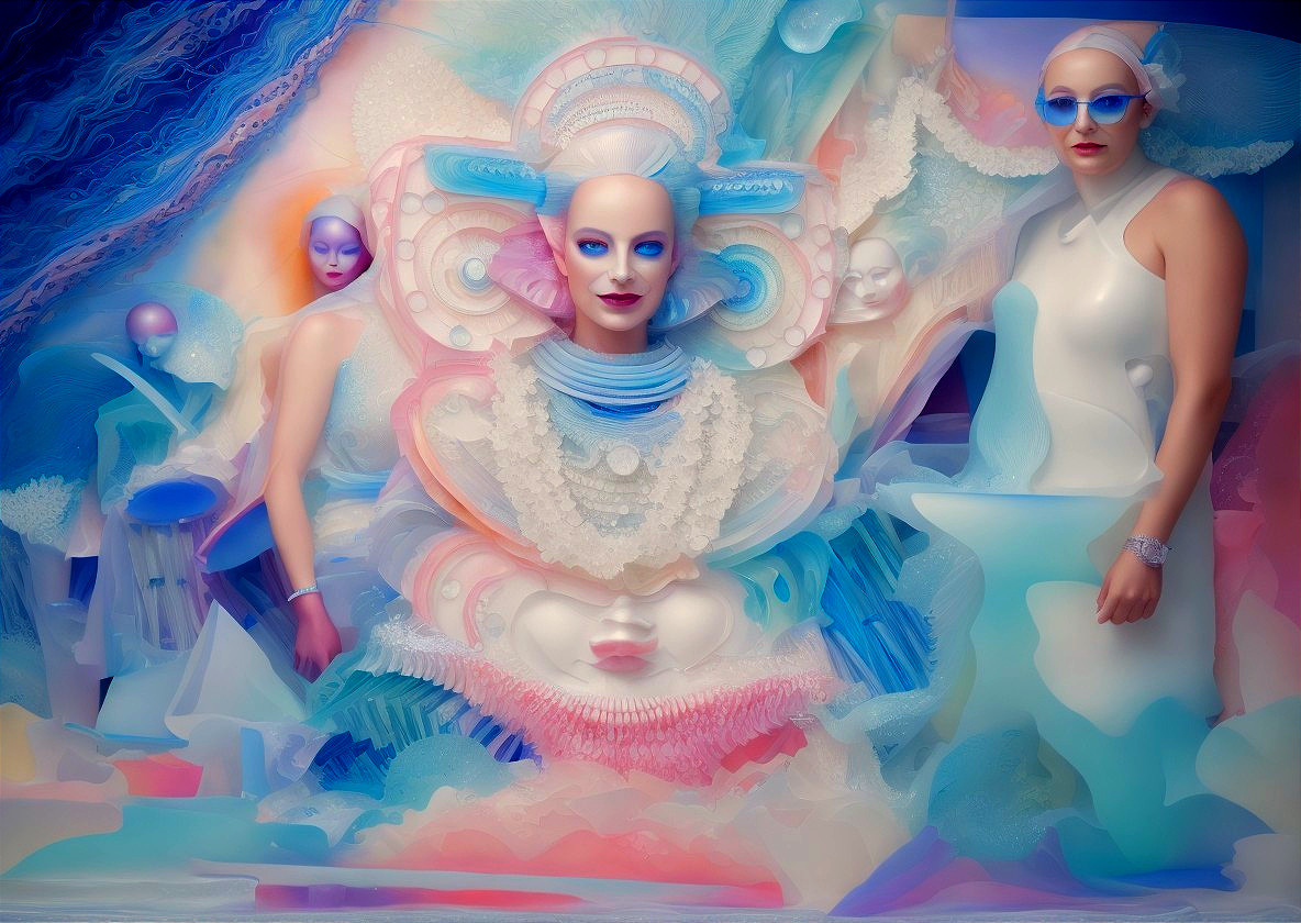 Ethereal Scene with Surreal Fashion and Vibrant Colors