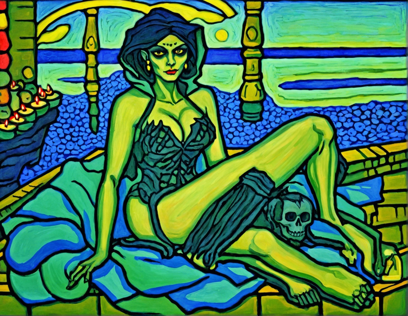 Green-Skinned Figure in Dark Corset on Blue Background
