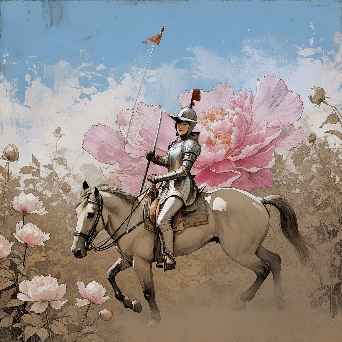 Knight on White Horse in Floral Landscape