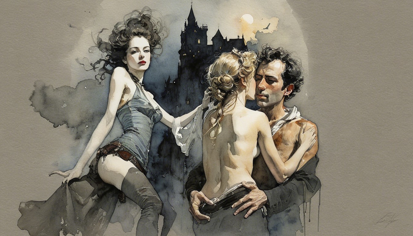 Gothic Castle Embrace Under Full Moon Illustration
