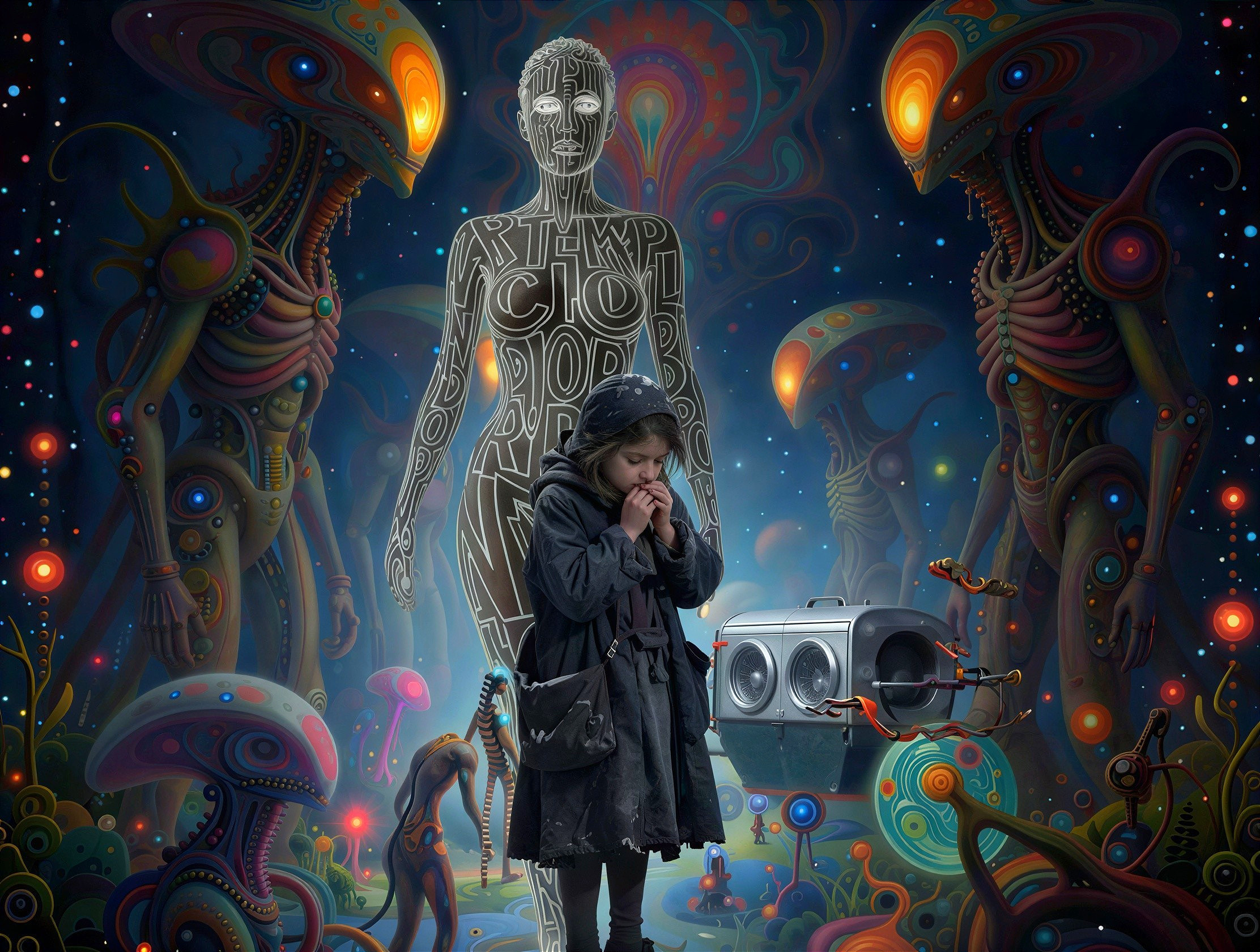 Surreal Cosmic Scene with Humanoid and Alien Figures
