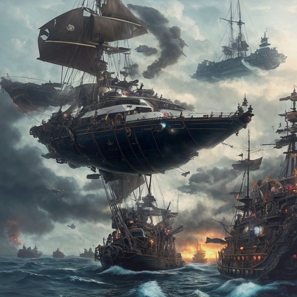 Futuristic Airship Over Naval Battle with Dark Smoke