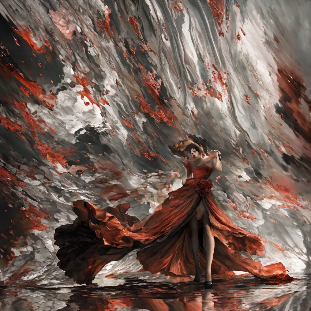 Woman in Red Dress Against Abstract Gray and Orange Textures
