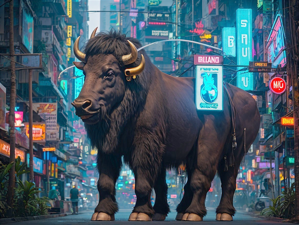 Neon Cityscape Featuring Realistic Water Buffalo