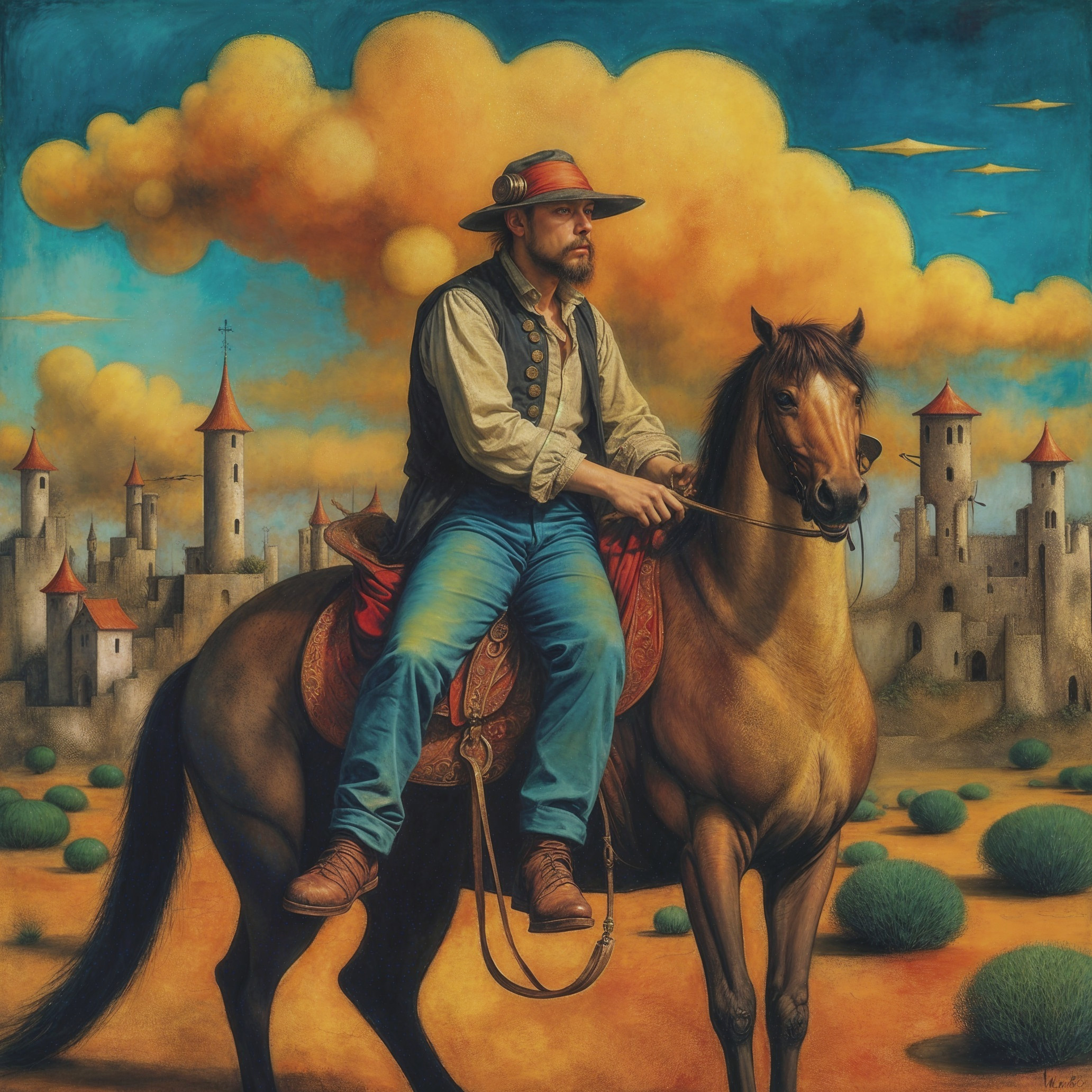 Confident Rider on Horse in Whimsical Landscape