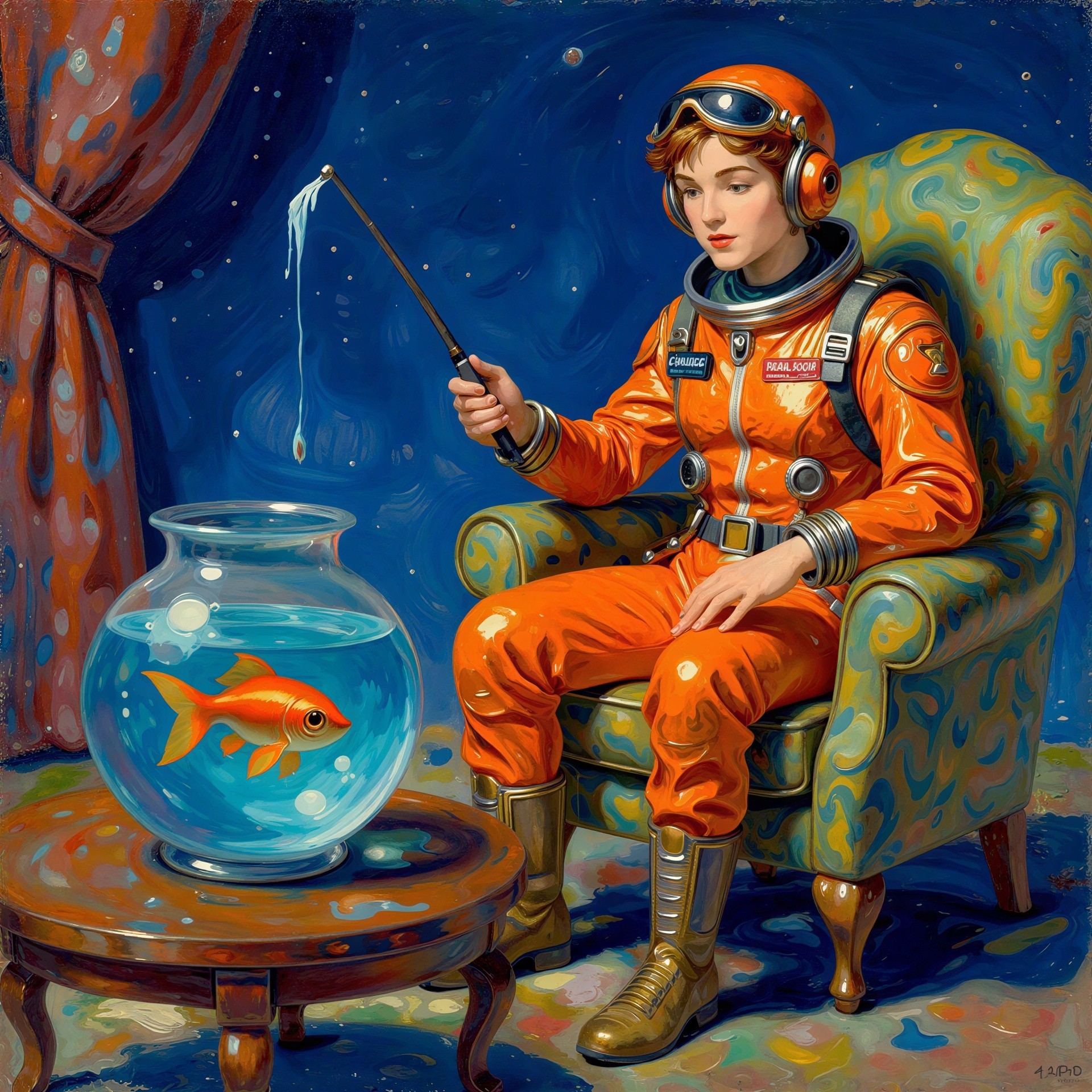 Woman in Orange Astronaut Suit with Goldfish Companion