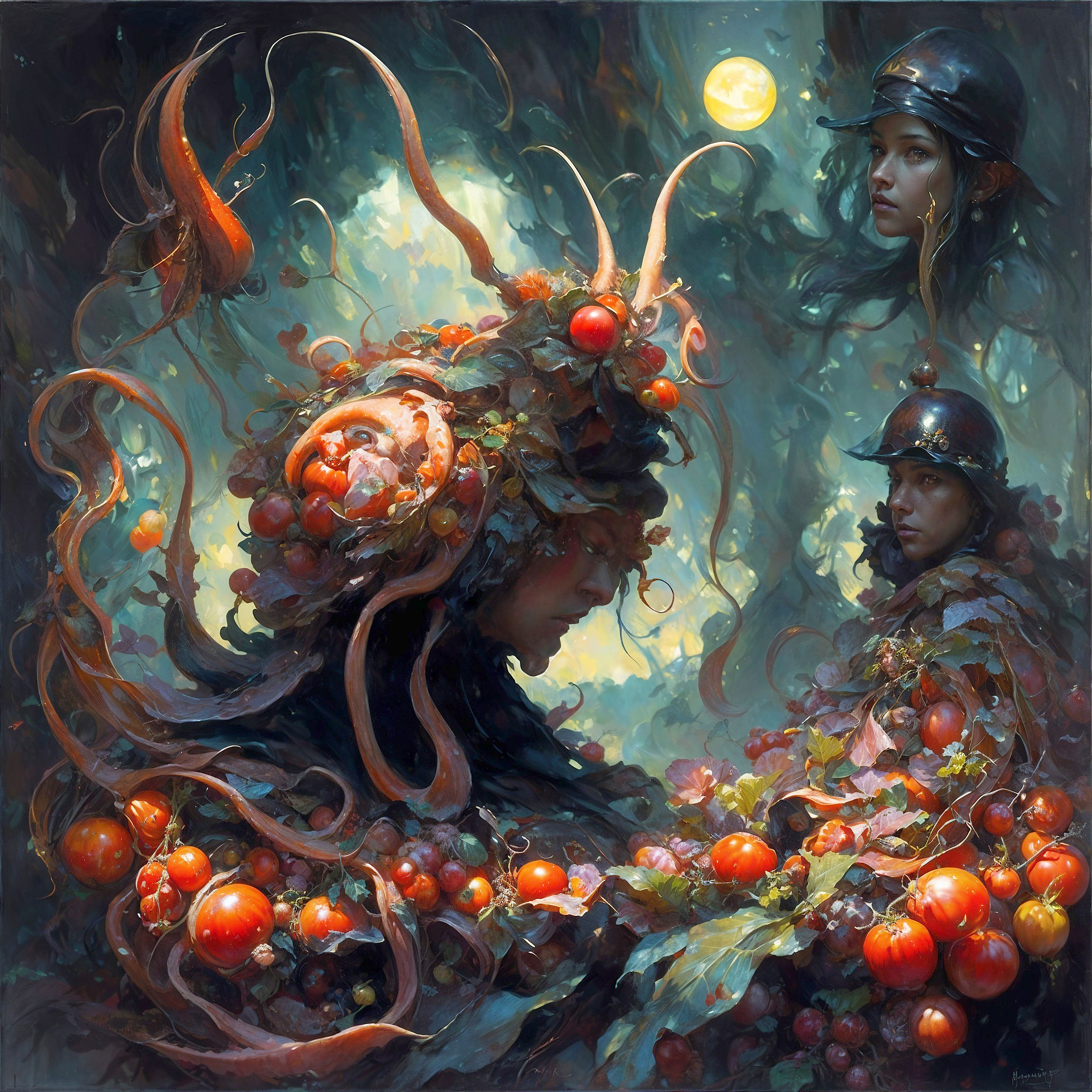 Mystical Forest Scene with Nature-Human Figures