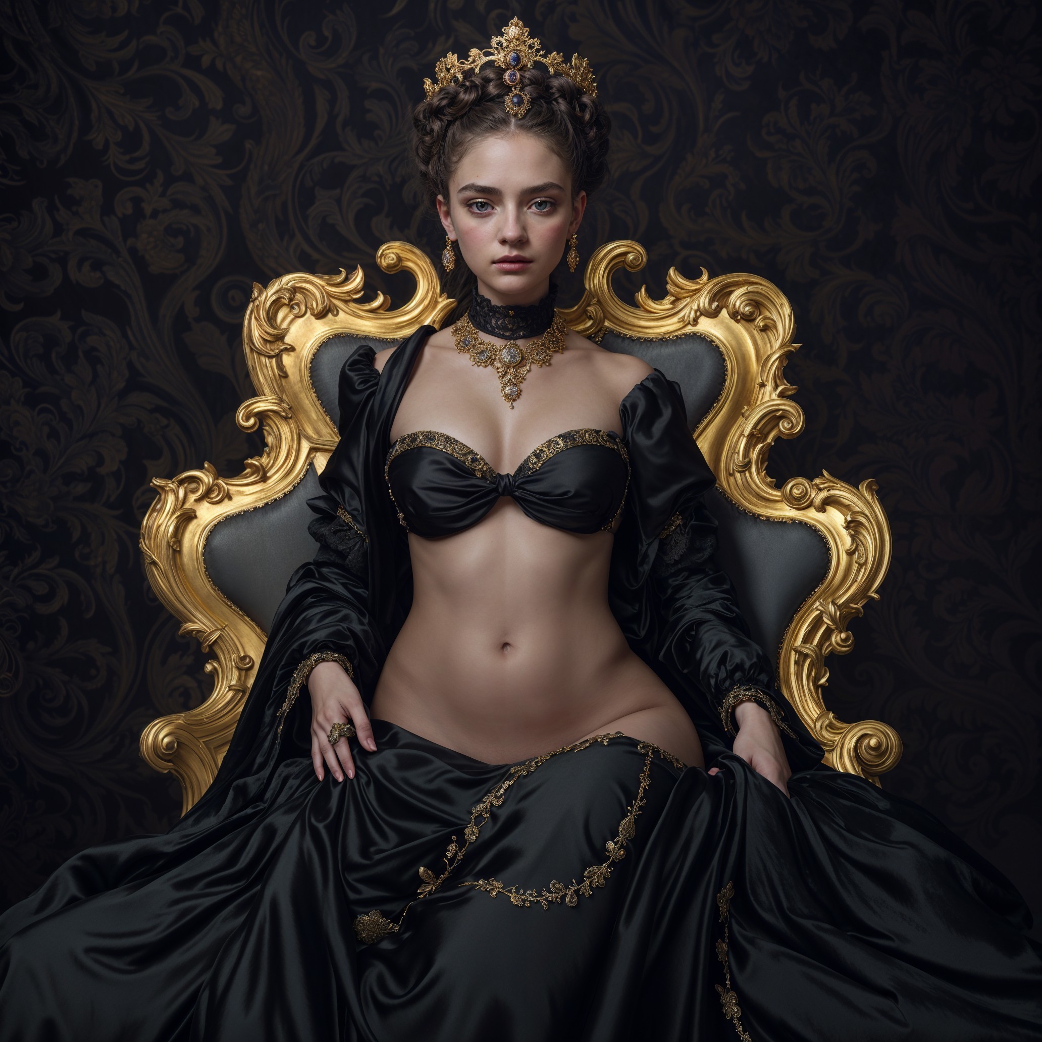 Regal Woman on Golden Throne in Luxurious Attire