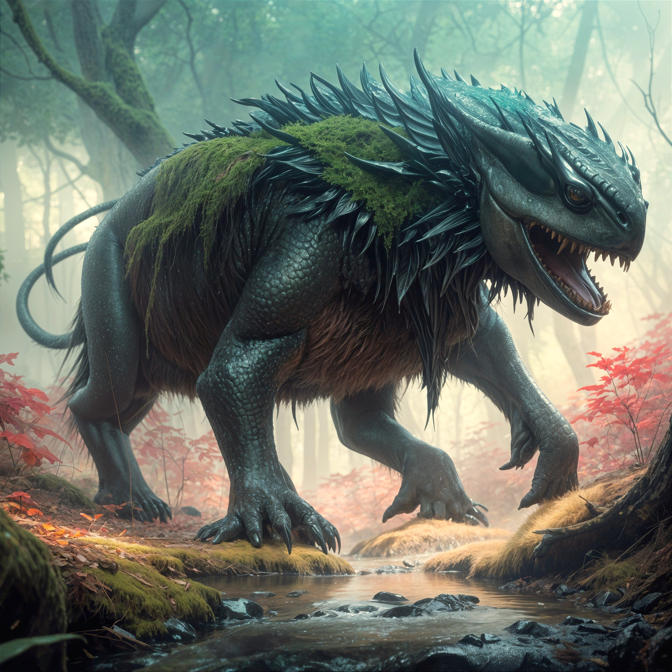 Dragon-like Creature in Misty Forest Setting