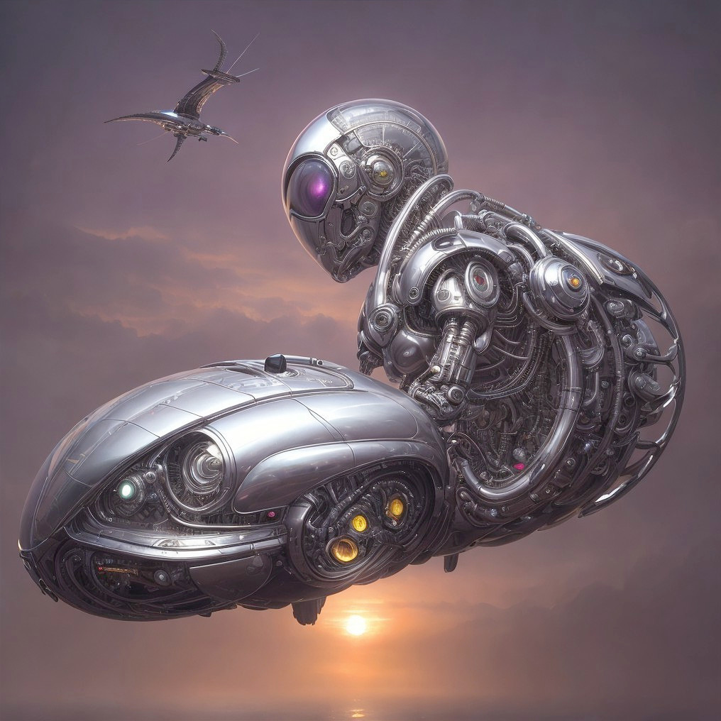Futuristic Robot and Pterosaur Against Sunset Sky