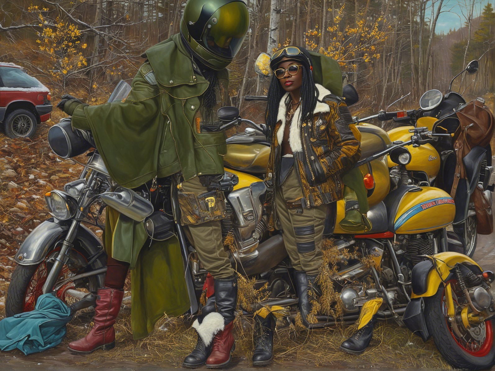 Futuristic Riders with Vintage Motorcycles in Autumn