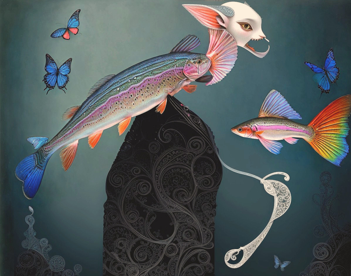 Whimsical Artwork of Colorful Fish and Butterflies