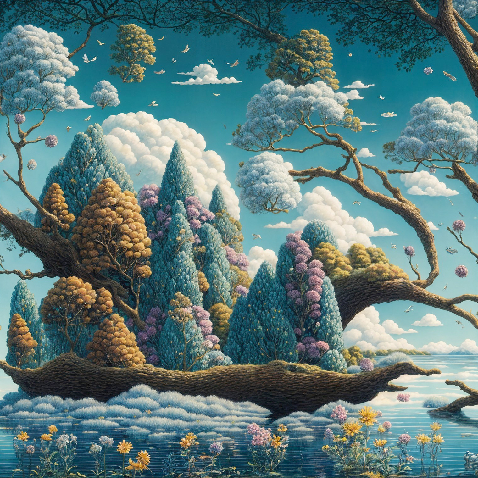Whimsical Landscape with Oversized Colorful Trees