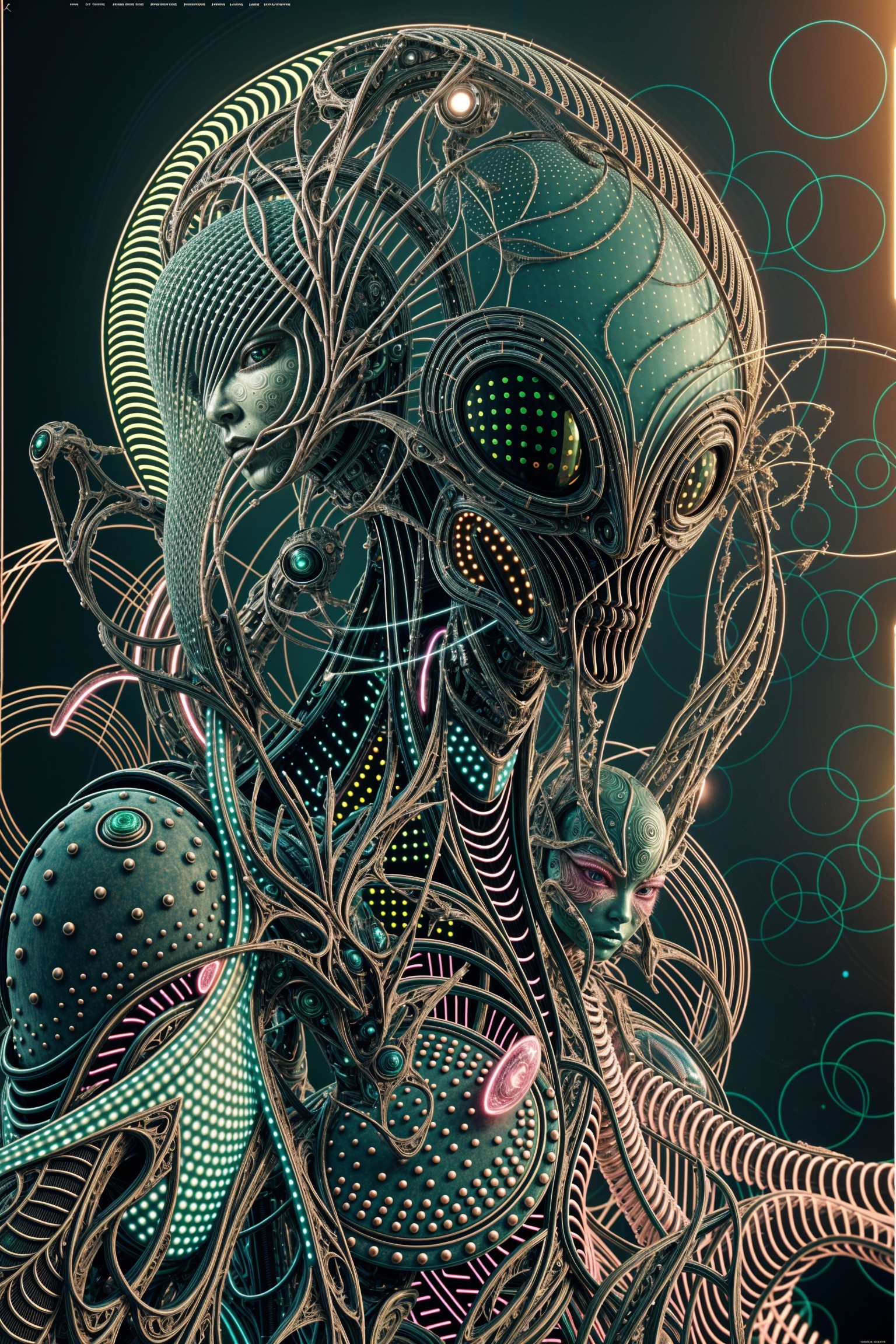 Futuristic Alien Figure with Organic Vine Patterns