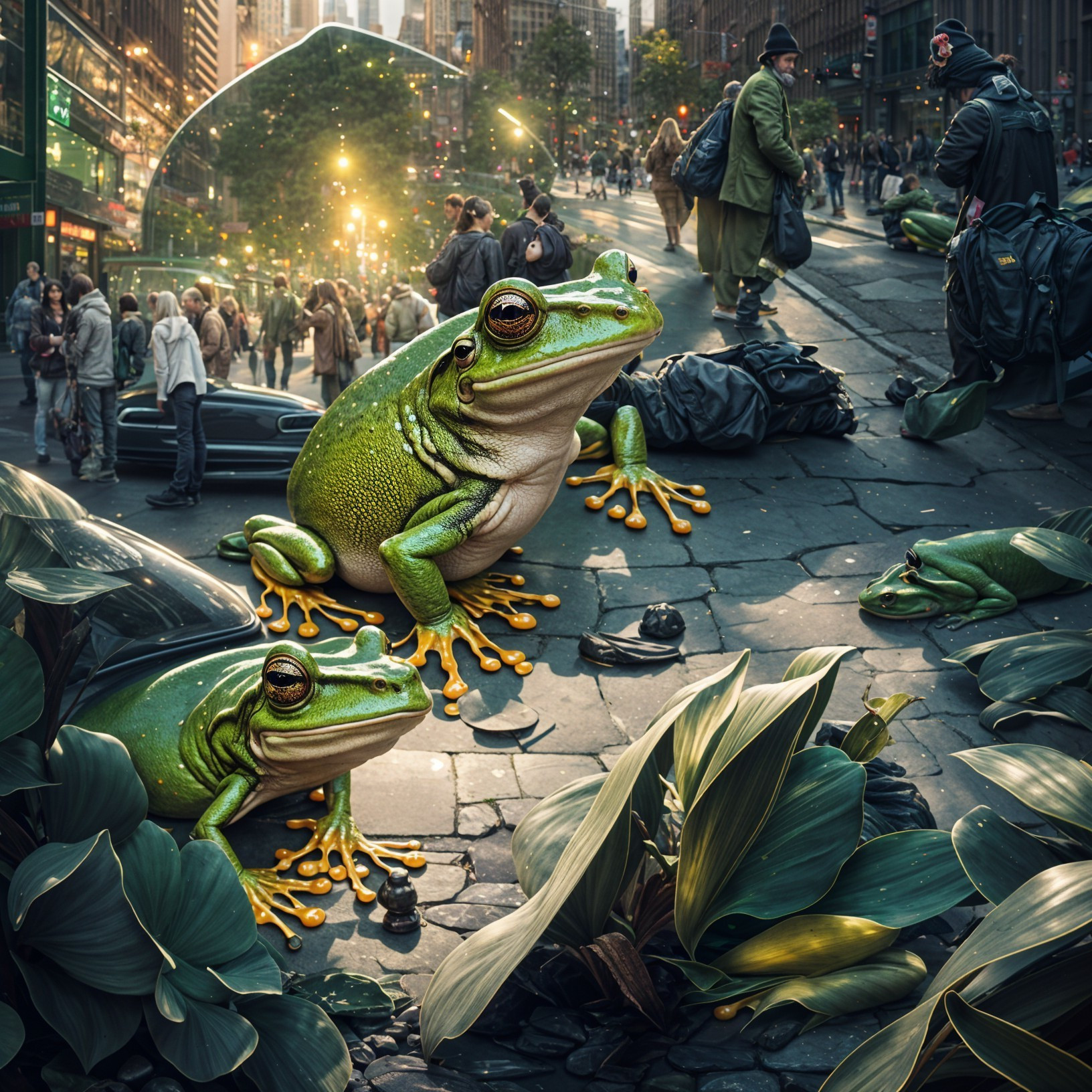 Oversized Frogs in a Bustling City Landscape