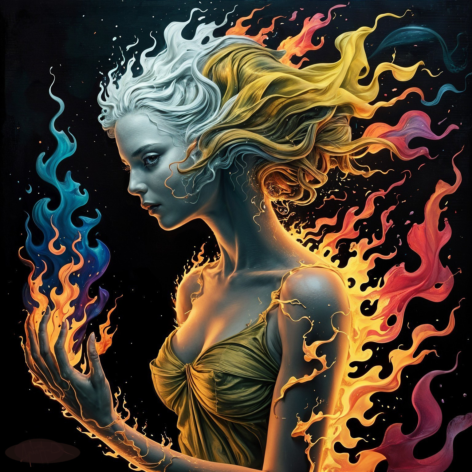 Mystical Figure with Flowing Hair and Flickering Flame