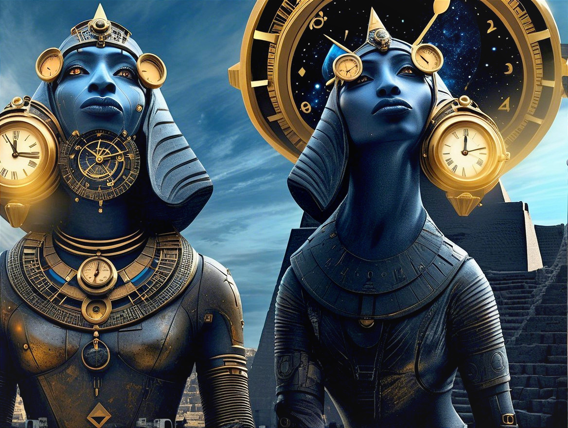 Futuristic Figures with Egyptian Aesthetics and Pyramid