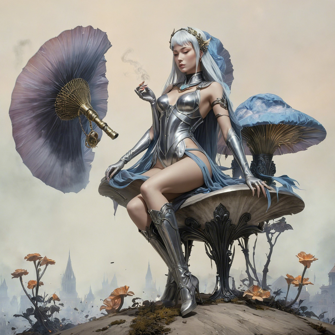 Fantasy Scene with Armored Figure and Surreal Landscape