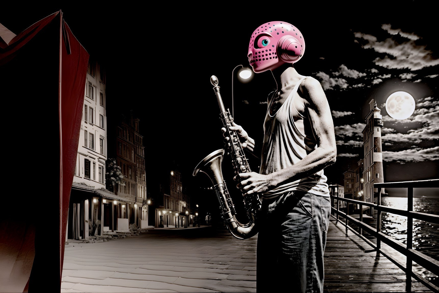 Surreal Night Scene with Fish Mask and Saxophone