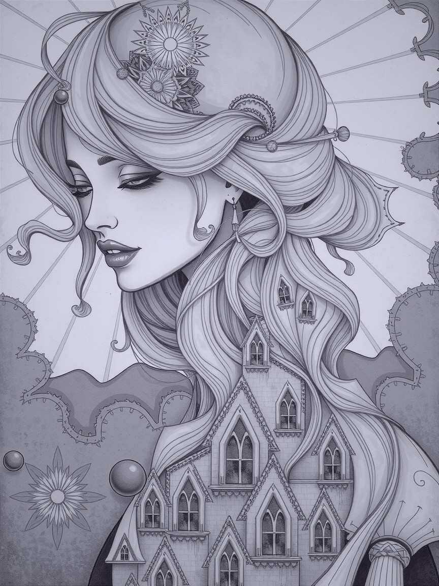 Black-and-white illustration of a graceful woman with hair adorned with celestial elements and whimsical house design.