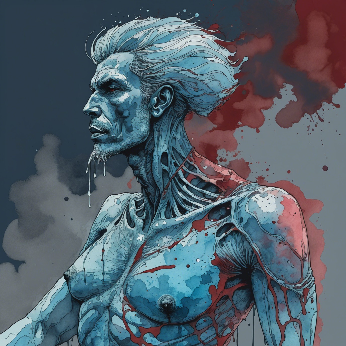 Stylized Figure with Skeletal Structure and Dark Backdrop