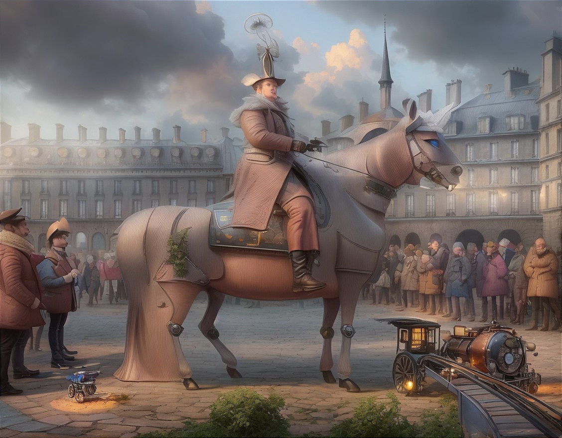 Vintage Clothing Man on Mechanical Horse in Town Square