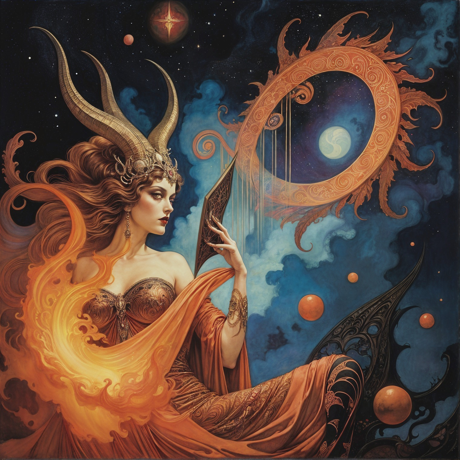 Mythical figure with ornate horns in cosmic setting