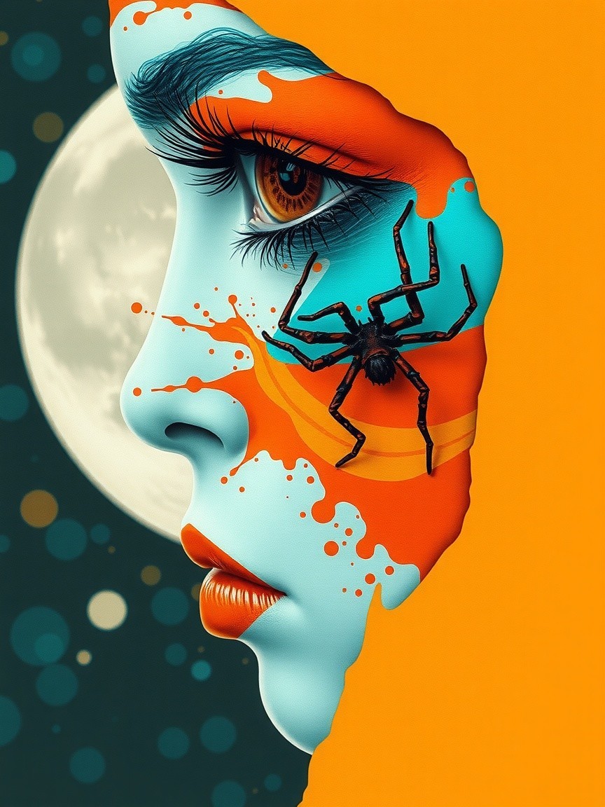 Stylized Woman's Profile with Spider and Moon Background